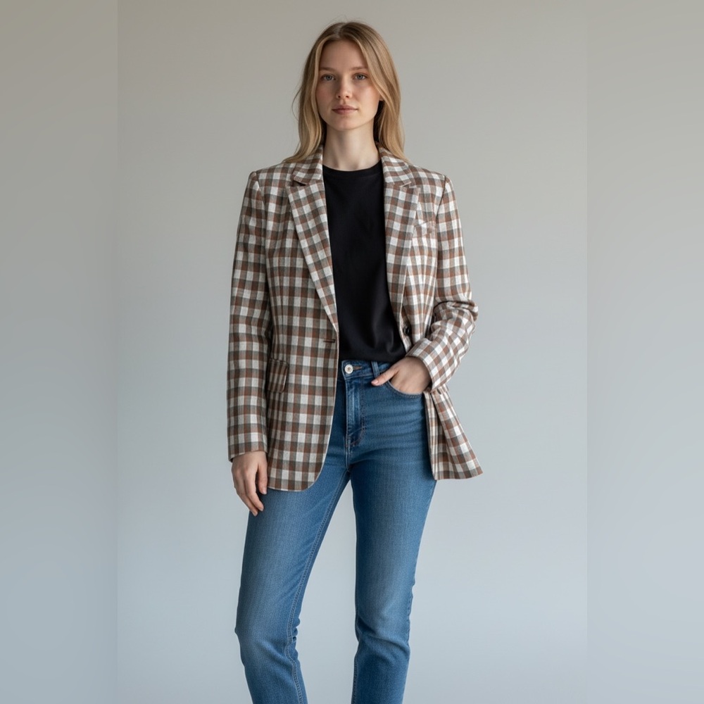 Nine West Brown Plaid Gingham Single-Breasted Blazer Jacket